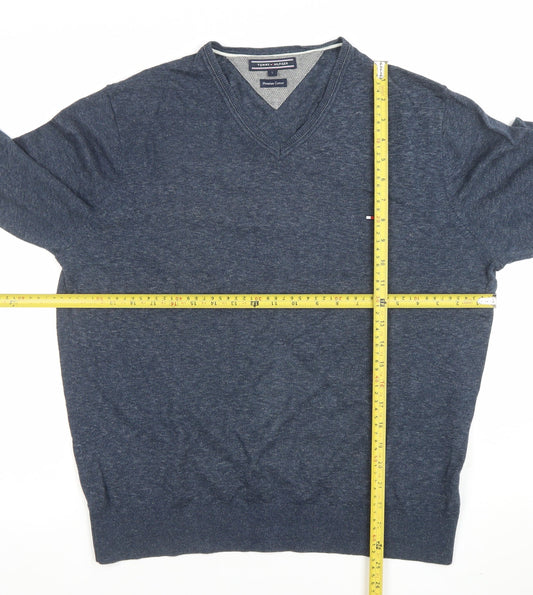Tommy Hilfiger Men's Blue V-Neck Cotton Jumper Size L