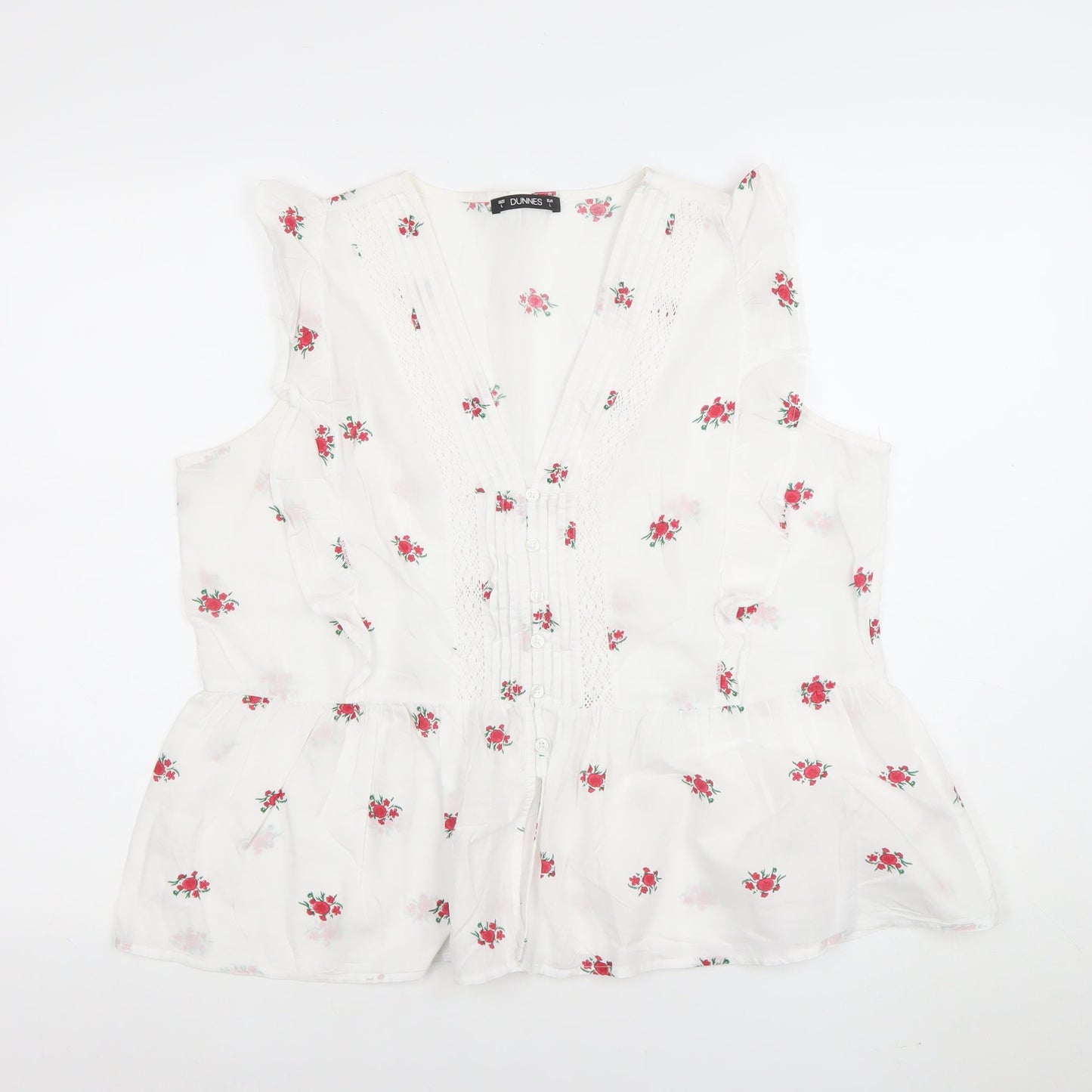 Dunnes Women White Floral Cotton Sleeveless Tunic Blouse Size L