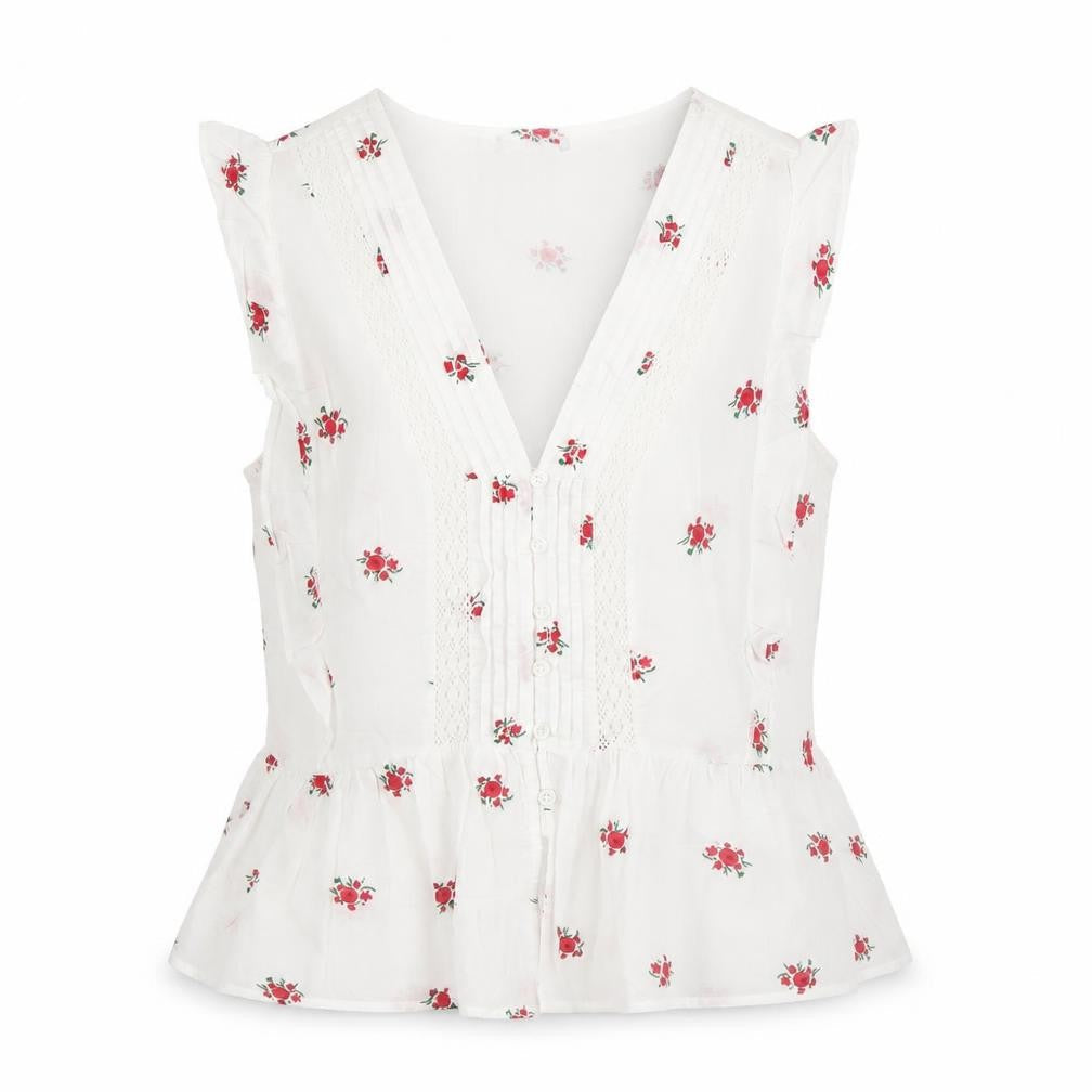 Dunnes Women White Floral Cotton Sleeveless Tunic Blouse Size L