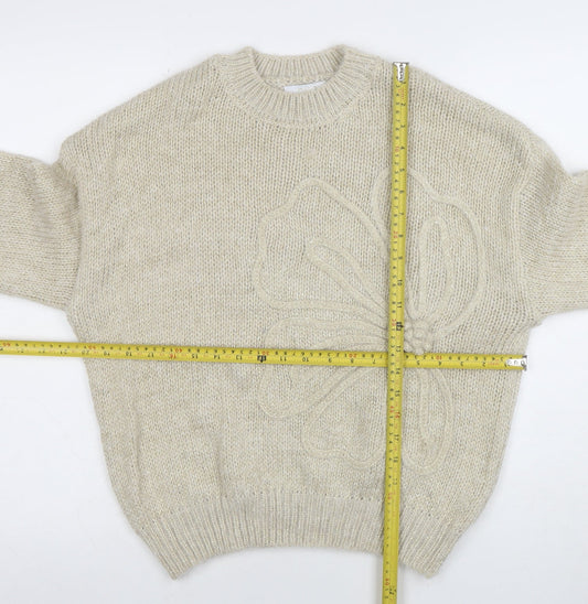 Zino Womens Beige Flower Knit Jumper M Long Sleeve Crew Neck