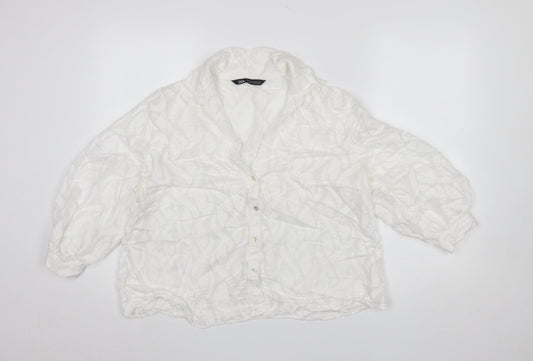 Zara Women White Textured Button-Up Blouse Size M Relaxed Fit