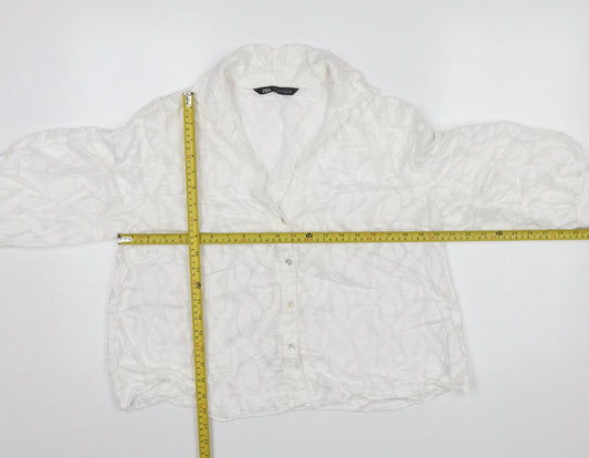 Zara Women White Textured Button-Up Blouse Size M Relaxed Fit