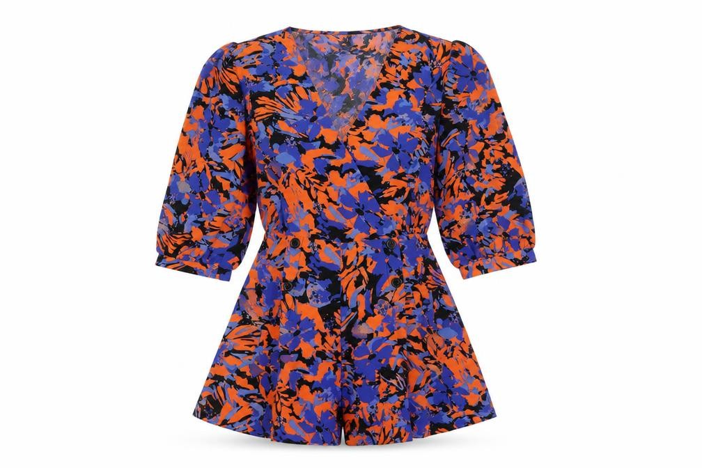 River Island Women’s Multicoloured Floral Playsuit Size 10 V-Neck 3/4 Sleeve