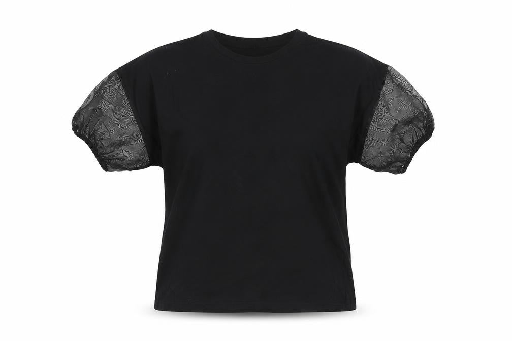 Front view of Dunnes Women's Black Puff Sleeve Cotton T-Shirt, size S