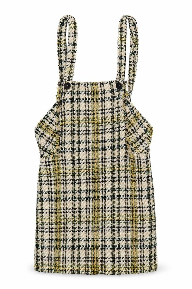 Zara Women Beige Tweed Check Pinafore Dress Size S
