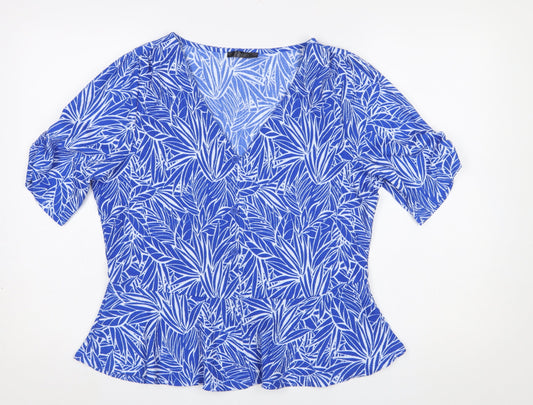Dunnes Stores Women's Blue Floral V-Neck Button Blouse Medium