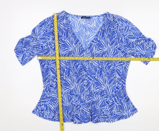 Dunnes Stores Women's Blue Floral V-Neck Button Blouse Medium