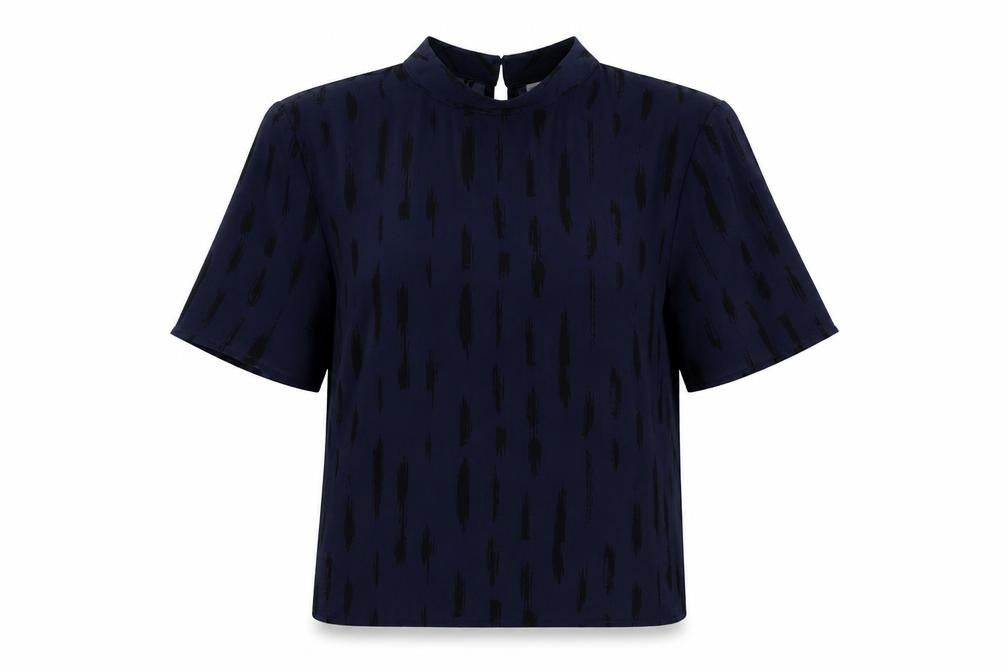 Front view of Jacqueline de Yong Women's Blue High Neck Short Sleeve Blouse, size 8