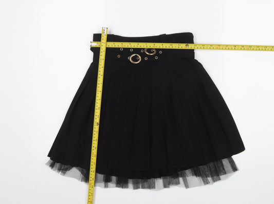 Yare by CSM Women Black S Pleated Mini Skirt with Belt and Tulle Hem