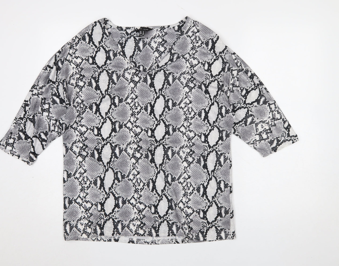 New Look Women's Grey Snake Print 3/4 Sleeve V-Neck Blouse Size 8
