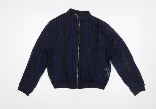 ZARA Women Blue Striped Sheer Zip Blouse Size 12