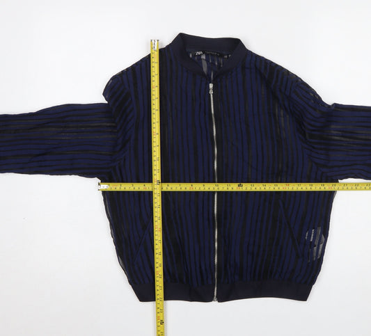 ZARA Women Blue Striped Sheer Zip Blouse Size 12