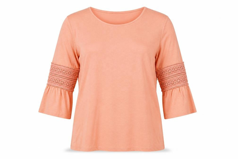 Front view of Dunnes Women’s Pink Crochet Bell Sleeve Tunic T-Shirt, size UK 10