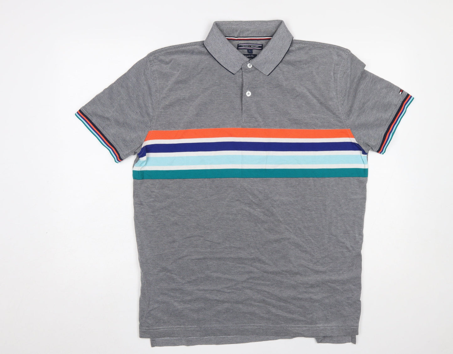 Tommy Hilfiger Men’s Grey Striped Cotton Regular Fit Polo Shirt Size L