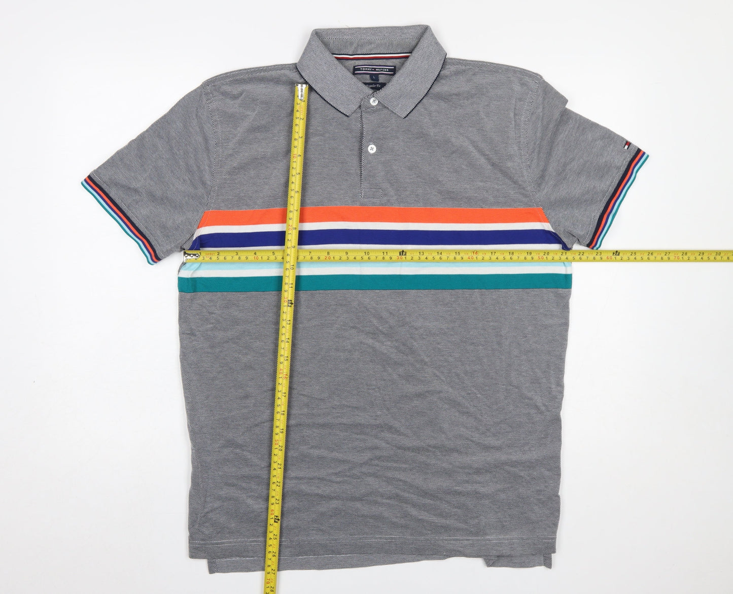 Tommy Hilfiger Men’s Grey Striped Cotton Regular Fit Polo Shirt Size L
