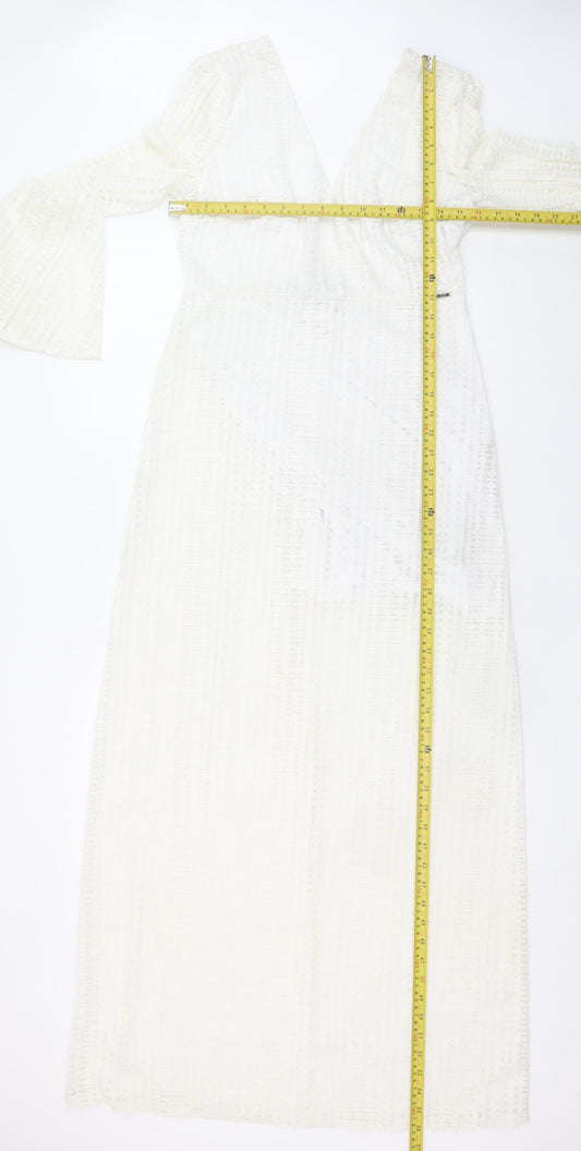 Guess Women White Lace Maxi Long Sleeve V-Neck Dress Size 12