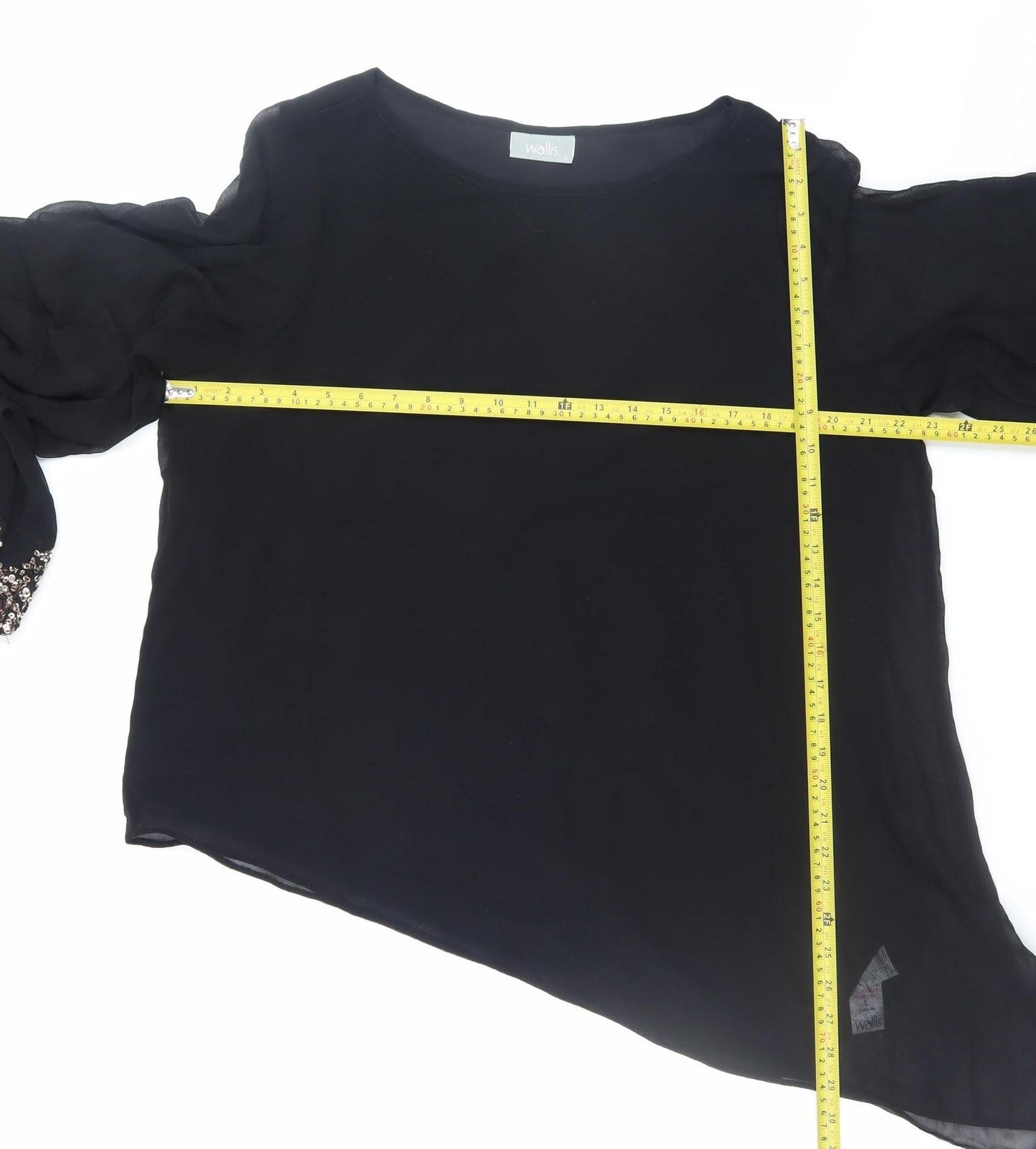Wallis Women Black Sequin Cuff Chiffon Tunic Blouse Size L