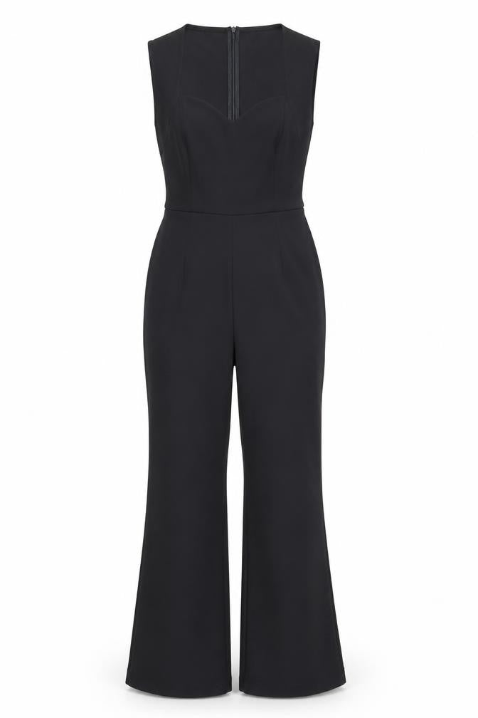 Front view of Girl in Mind Black Sleeveless Jumpsuit UK 10 Flared Leg Zip Back