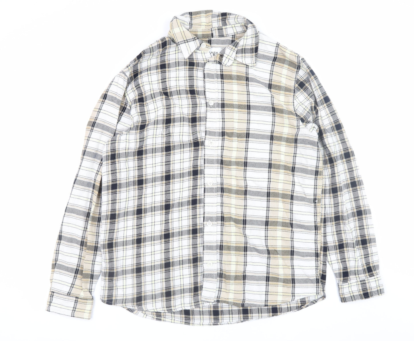 Zara Men Beige Plaid Cotton Relaxed Fit Long Sleeve Button-Up Shirt M