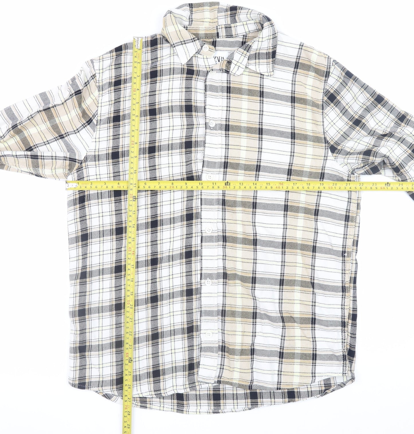 Zara Men Beige Plaid Cotton Relaxed Fit Long Sleeve Button-Up Shirt M