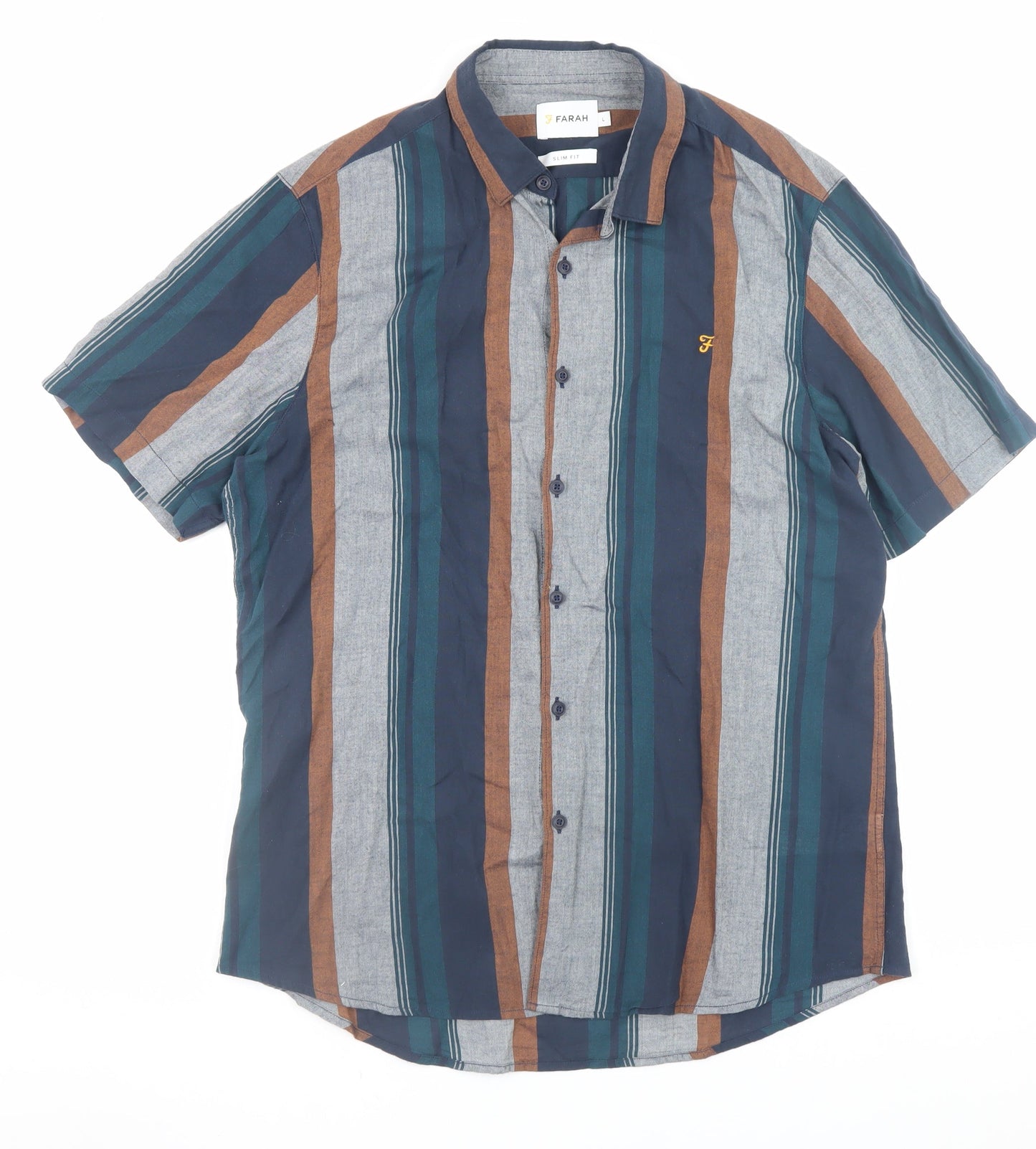 Farah Men's Multicoloured Striped Slim Fit Short Sleeve Button-Up Shirt Size L