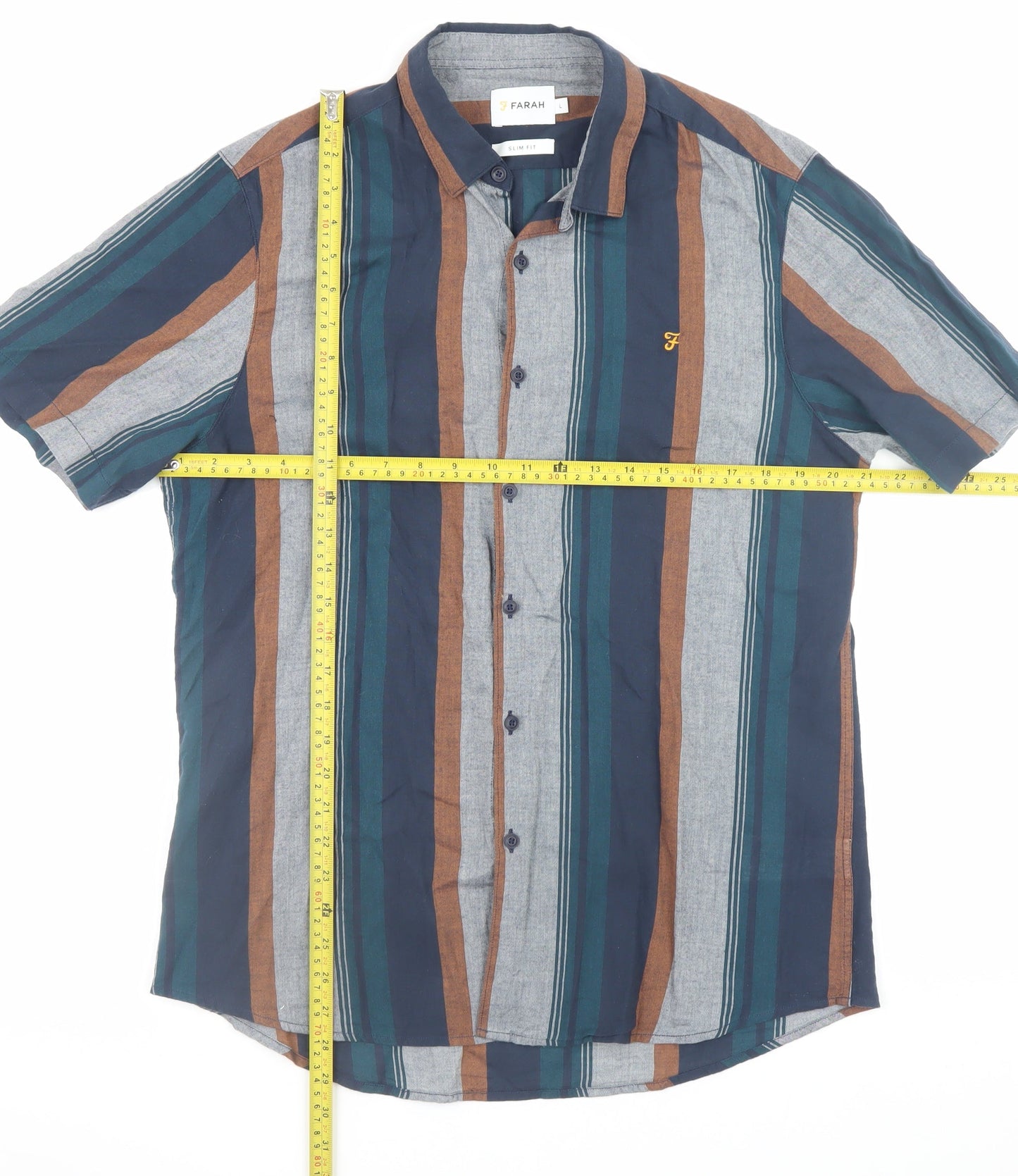 Farah Men's Multicoloured Striped Slim Fit Short Sleeve Button-Up Shirt Size L