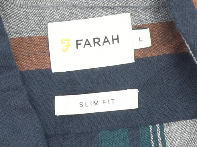 Farah Men's Multicoloured Striped Slim Fit Short Sleeve Button-Up Shirt Size L