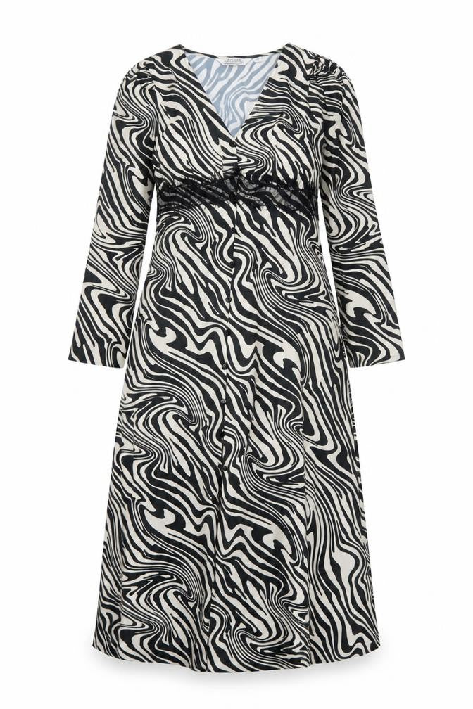 Front view of Dorothy Perkins Petite Black Beige Midi Wrap Dress UK 10