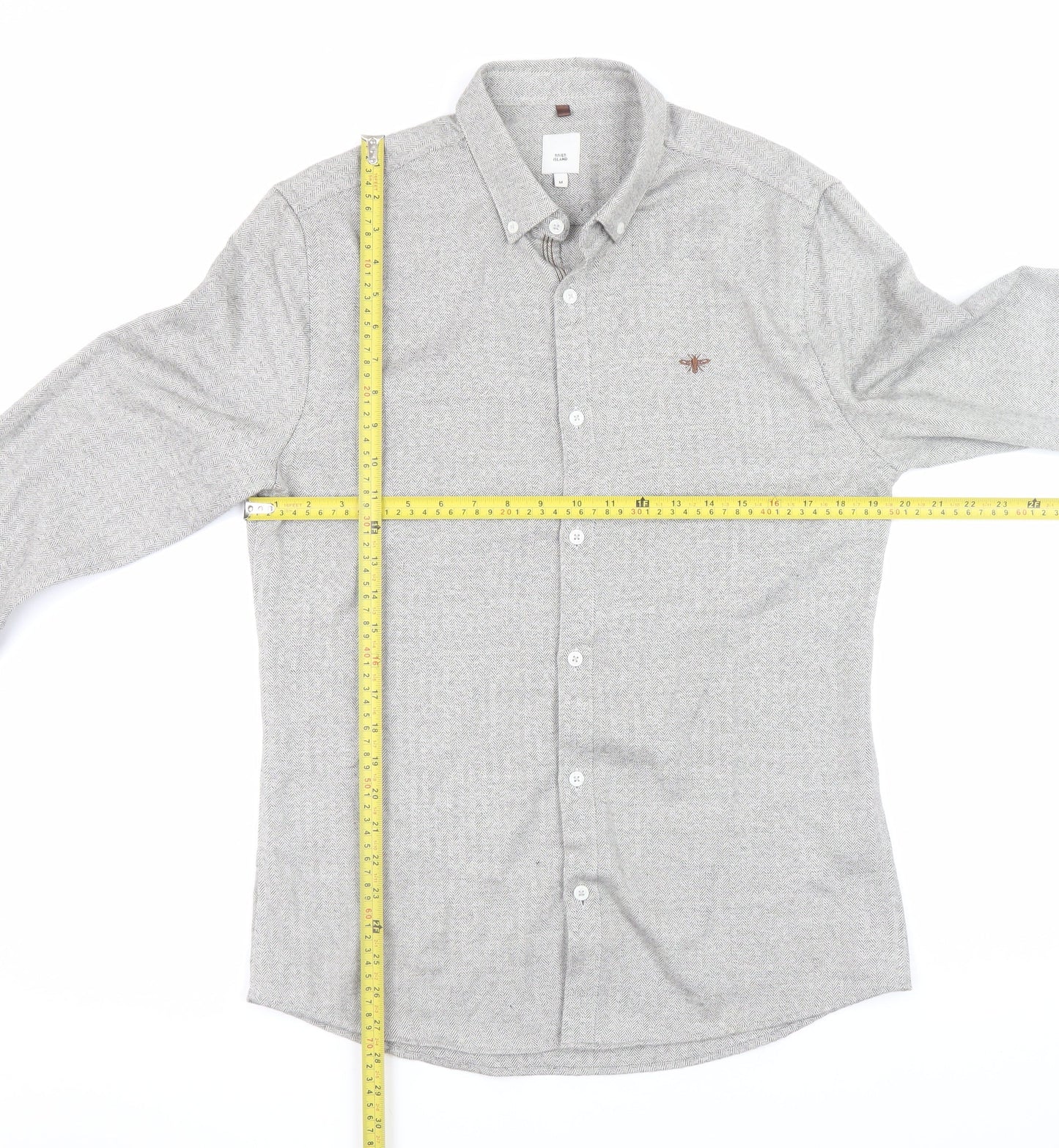 River Island Mens Grey Herringbone Button-Down Long Sleeve Shirt M