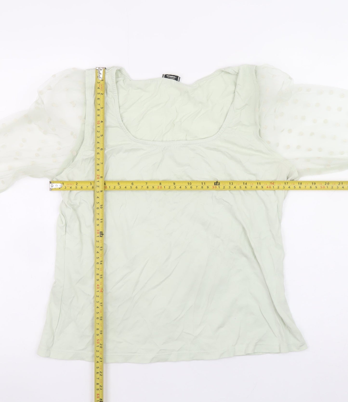 Pimkie Womens Green Sheer Puff Sleeve Square Neck Blouse Size L