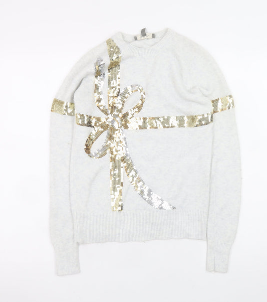 Oasis Women Ivory Sequin Bow Jumper XS Winter Pullover