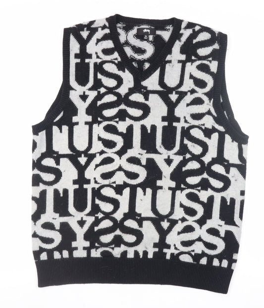 Stussy Womens Black XL V-Neck Logo Knit Vest Jumper