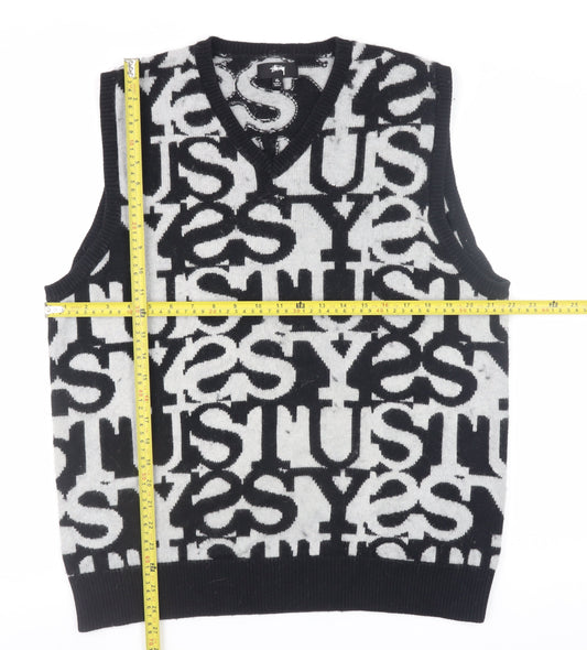 Stussy Womens Black XL V-Neck Logo Knit Vest Jumper