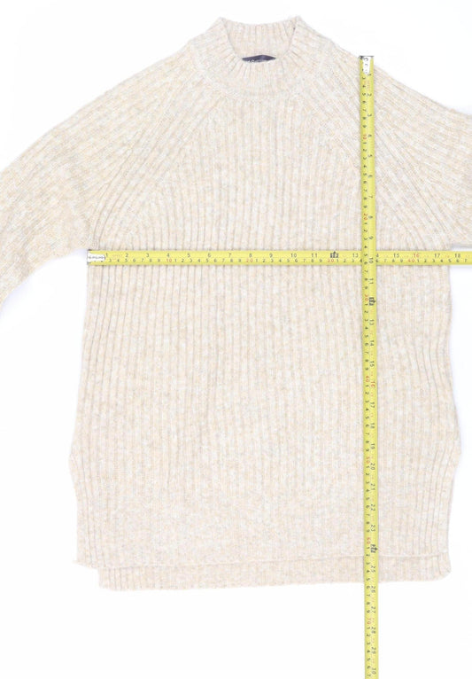 Marks and Spencer Women Beige Wool Blend Ribbed Mock Neck Jumper S