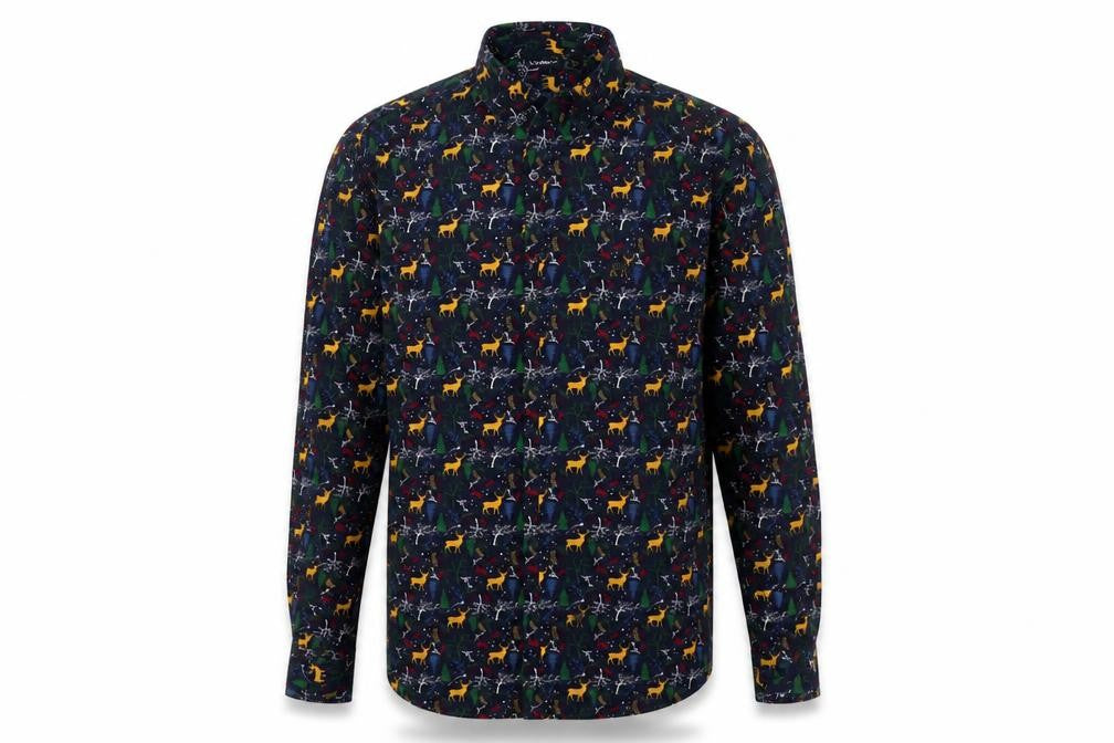Livergy Men’s Blue Christmas Deer Cotton Long Sleeve Button-Up Shirt XL