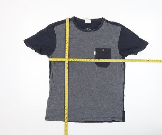 883 Police Men Grey Colourblock Cotton T-Shirt Size M Crew Neck Short Sleeve