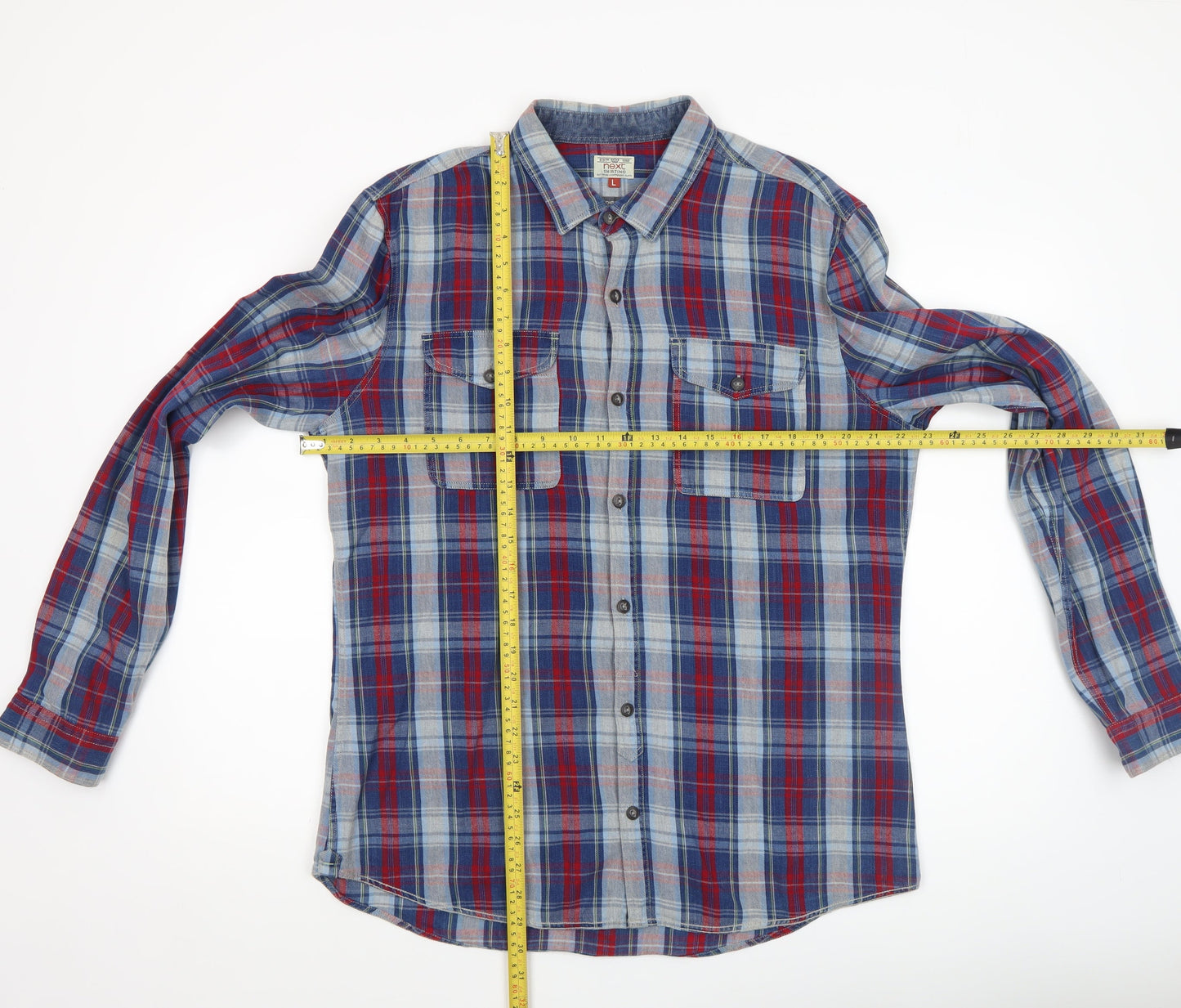 Next Men's Blue Red Checked Long Sleeve Cotton Shirt Size L