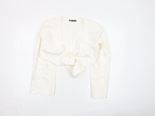 ZARA Women Ivory Cropped Button Blouse Size 8 Long Sleeve