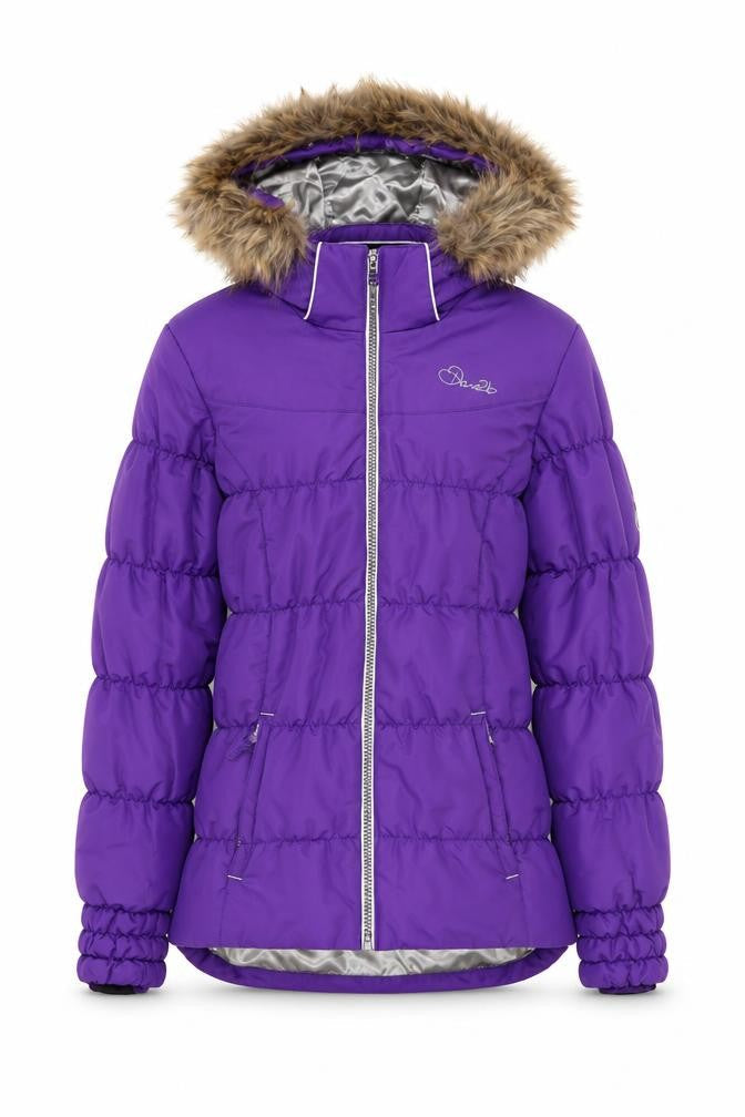 Front view of Dare 2b girls’ purple puffer jacket 16 years hooded fur trim winter coat
