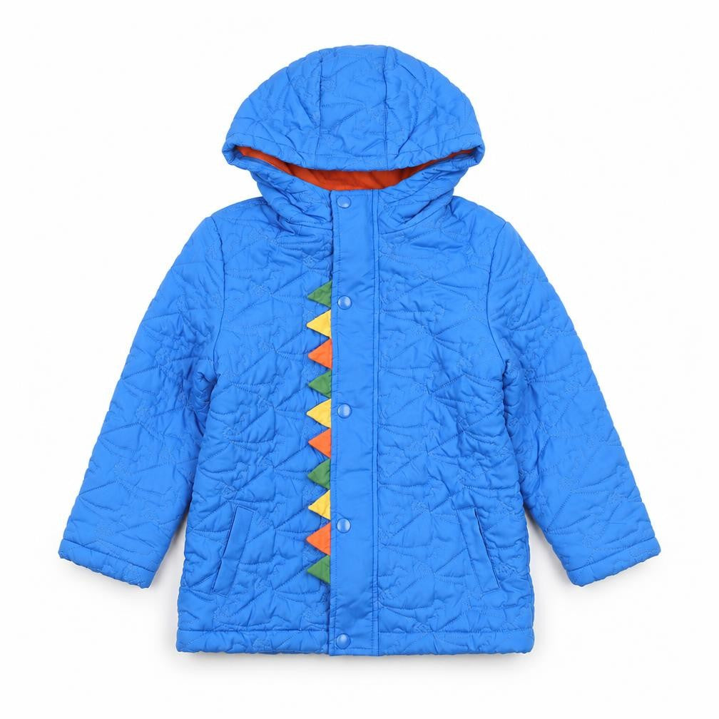 Front view of Mothercare boys’ blue dinosaur hooded puffer jacket 5-6 years quilted lined
