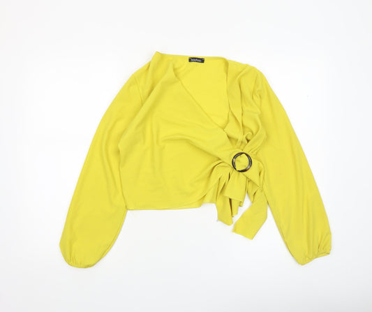 Boohoo Women Yellow Wrap Tie Blouse Long Sleeve Size 8