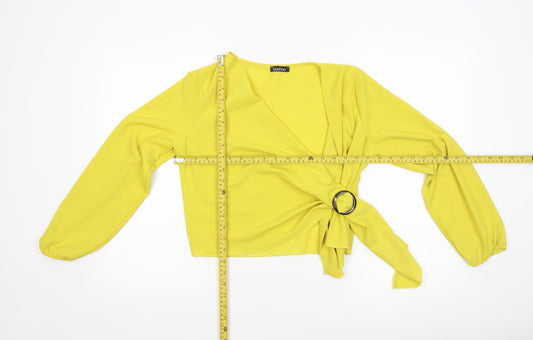 Boohoo Women Yellow Wrap Tie Blouse Long Sleeve Size 8