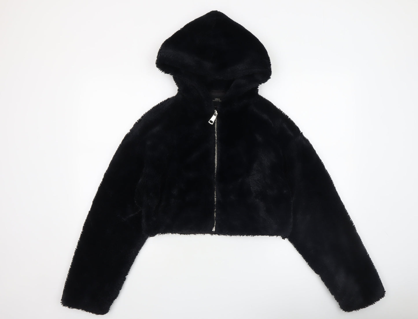 Urban Outfitters Womens Black Faux Fur Cropped Hooded Jacket XS