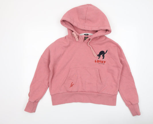 Superdry Women Pink Lucky Cat Pullover Hoodie UK 8 Relaxed Fit