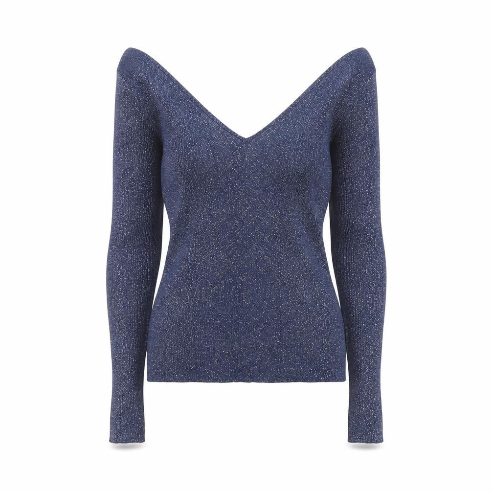 MNG Women's Blue Glitter V-Neck Slim Fit Long Sleeve Jumper Size S