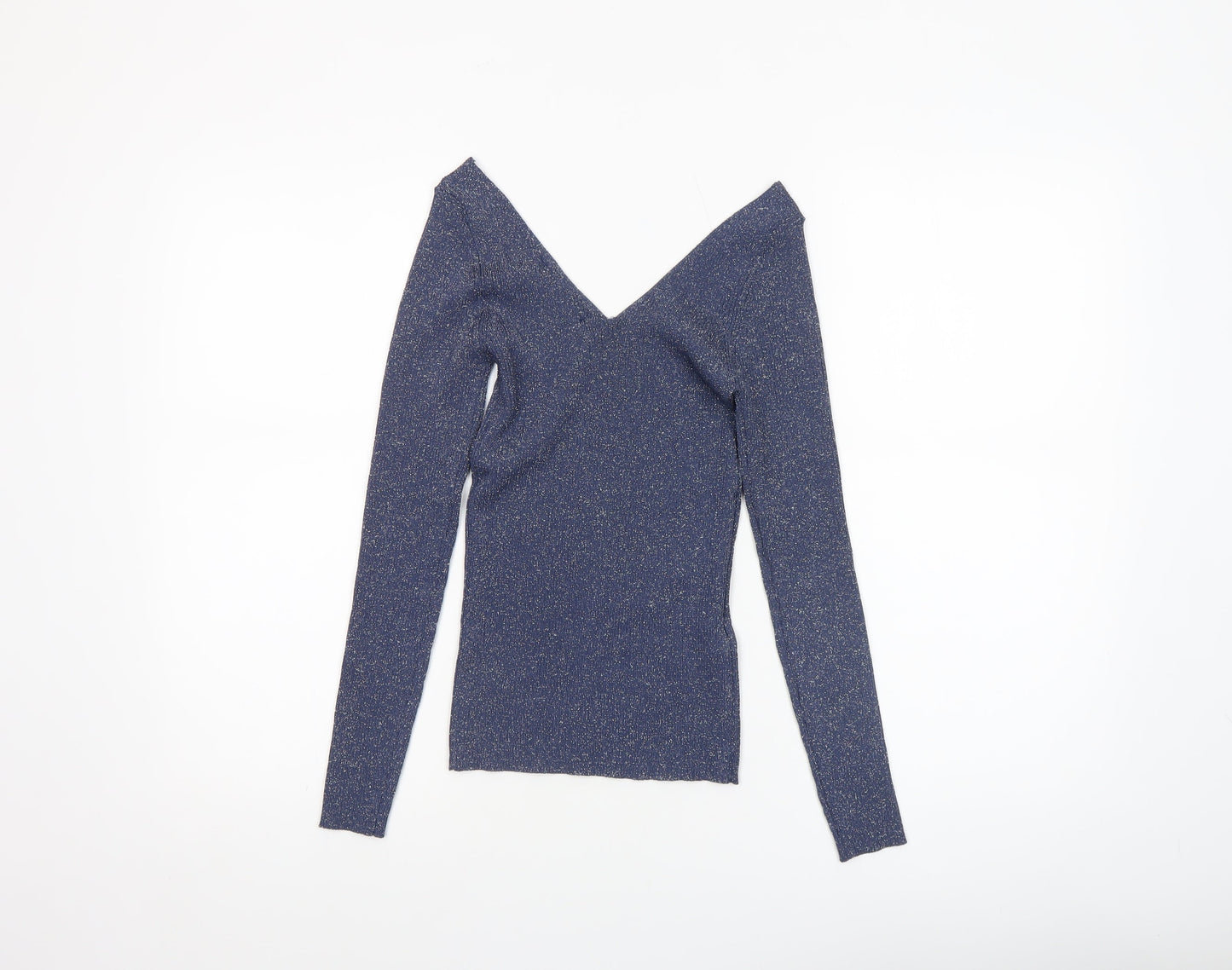MNG Women's Blue Glitter V-Neck Slim Fit Long Sleeve Jumper Size S