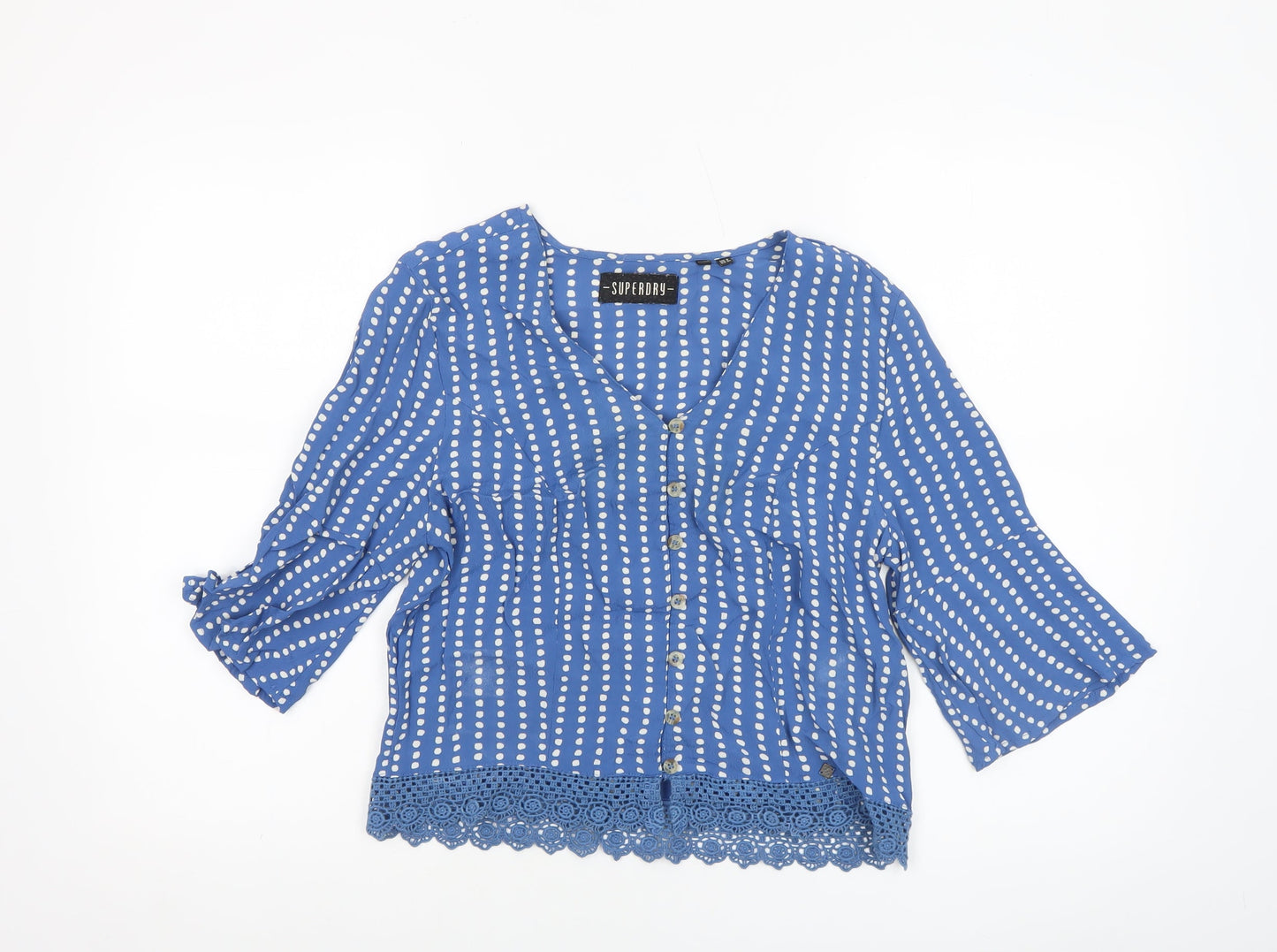 Superdry Womens Blue Polka Dot Viscose 3/4 Sleeve Blouse Size 8