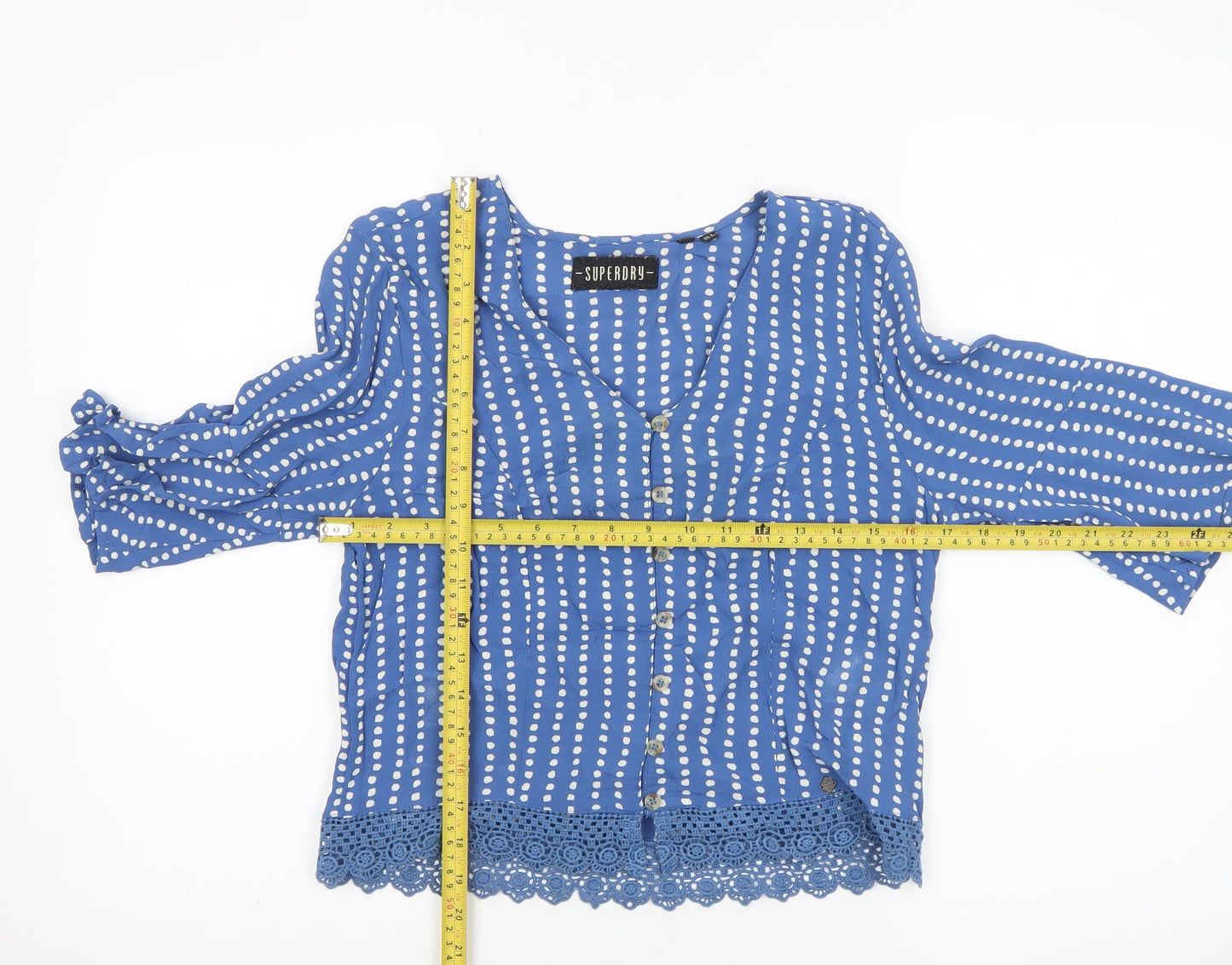 Superdry Womens Blue Polka Dot Viscose 3/4 Sleeve Blouse Size 8