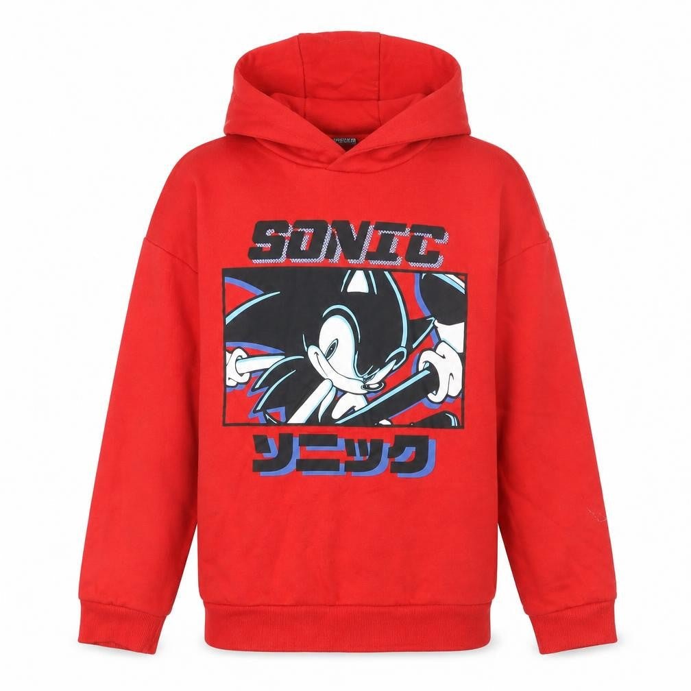 Front view of Sonic The Hedgehog boys’ red hoodie 10 years pullover graphic print
