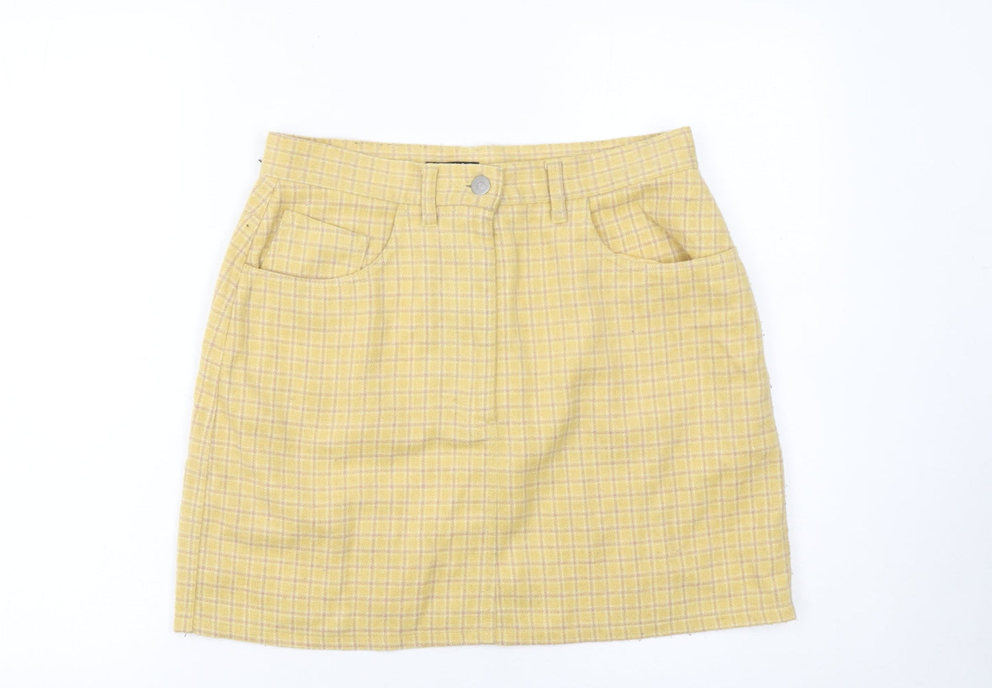 Sisley Women Yellow Check Wool Knee Length Pencil Skirt Size 14